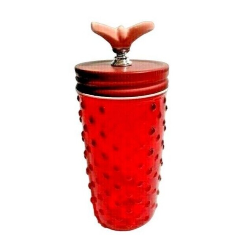 Pioneer Woman Red Glass Hobnail Design Jar Pink Butterfly Knob Ceramic Lid 7-in